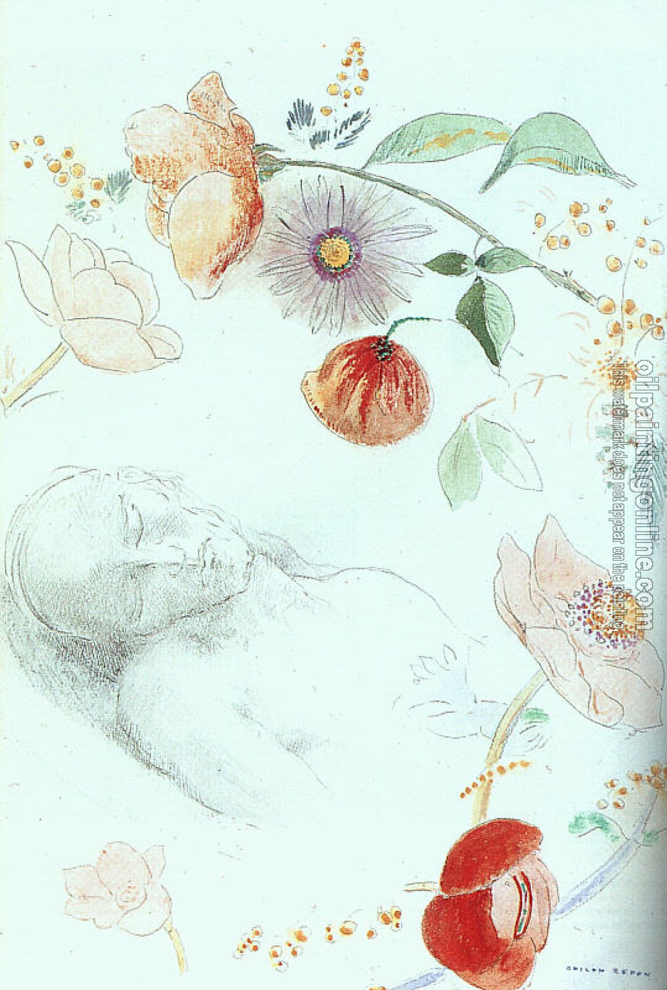 Redon, Odilon - Bust of a Man Asleep amid Flowers